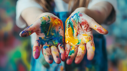 A close-up of a young girl painting with colorful hands, representing creativity and artistic expression.