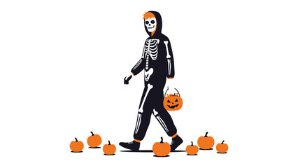 Halloween Revelry: A figure in a skeleton costume, walking along a path of orange pumpkins carrying a pumpkin-shaped basket, representing Halloween festivities, Halloween celebration.