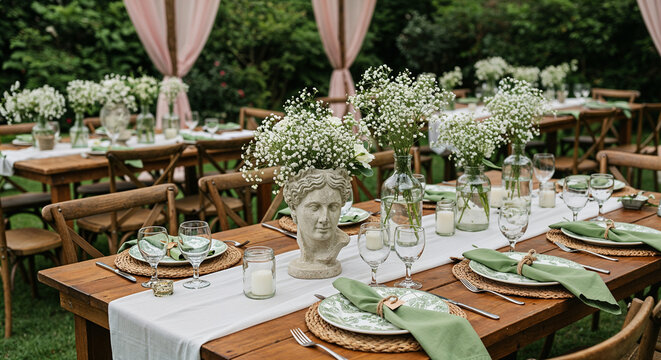 Elegant outdoor table with stone bust centerpiece and white flowers