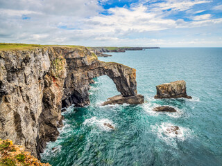 The Green Bridge of Wales, a rock arch in the Pembrokeshire Coast National Park, South Wales.