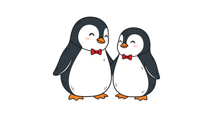 Fototapeta premium Charming Penguin Pair in Red Bow Ties, Adorable Cartoon Birds, Winter Festive Friends Illustration