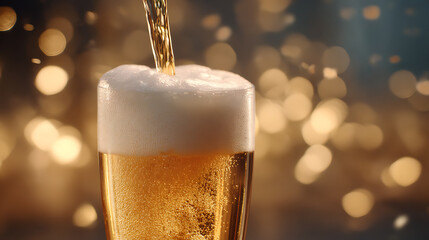 Golden amber beer with frothy head being poured into a glass with bokeh lights pouring foam
