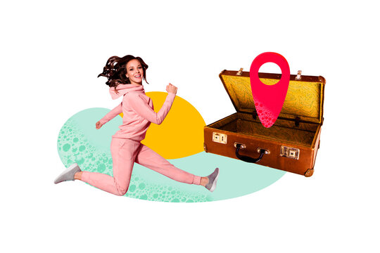 Composite photo collage of happy girl run suitcase vacation preparations summertime travel gps icon geo isolated on painted background - Powered by Adobe