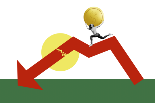 Composite photo collage of silly girl run crack arrow pointer usd inflation bankruptcy recession regress isolated on painted background