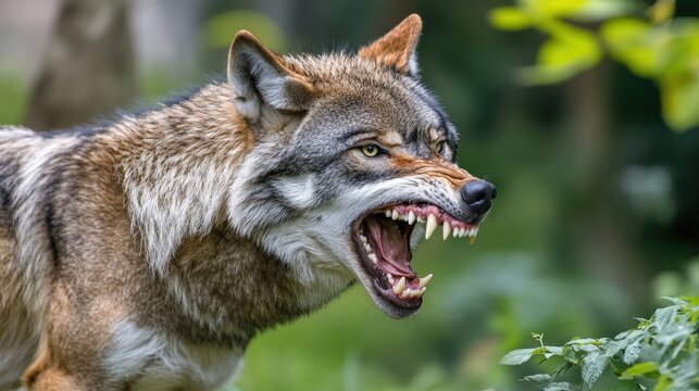 Aggressive gray wolf snarling and baring teeth in green forest - Powered by Adobe