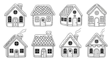 Delightful collection of hand-drawn gingerbread houses adorned with whimsical snowy details