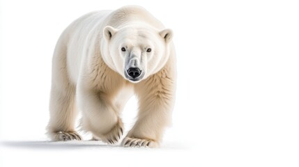 Obraz premium Arctic polar bear walking on snow isolated on white background
