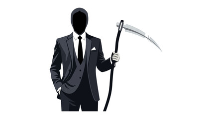 The Enigmatic Figure: A mysterious, faceless person, elegantly attired in a sharp suit, wields a striking scythe, embodying an aura of stealth and intrigue. This is an artistic.
