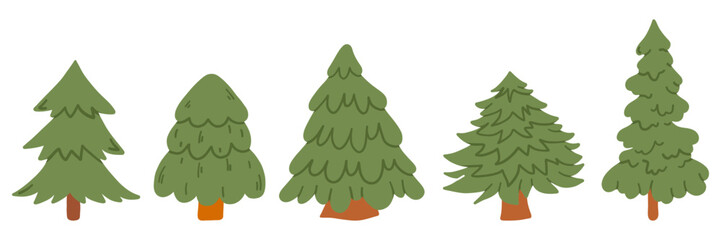 Fur tree set. Cartoon Christmas undecorated spruce trees. Xmas holidays flat vector illustration collection. Christmas green fur trees.