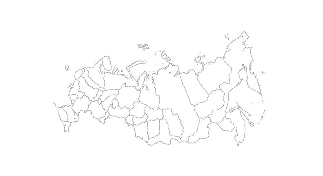Detailed contour map of russia with individual regions outlined in gray on clean white background