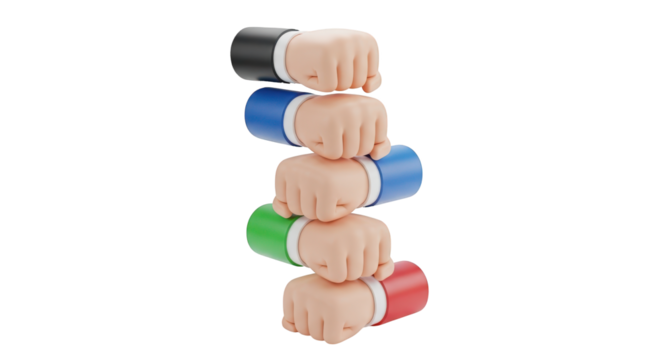Stacked Fists in Colorful Sleeves isolated on a transparent background teamwork unity - Powered by Adobe