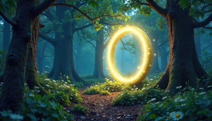 Mystical fairy ring in enchanted forest, glowing with ethereal light, ancient trees, spiritual energy, nature worship , nymph, calm