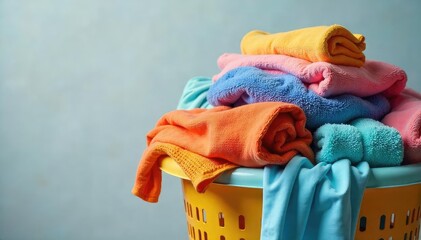 Overstuffed laundry basket overflowing with colorful clothes, towels, and linens Ready for washing or folding Perfect for home organization and cleaning themes , pile, abundance