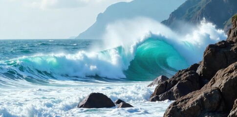 Powerful ocean waves crashing on a rocky shore, sea spray and foam, dramatic coastal scene, natural beauty , natural elements, blue ocean