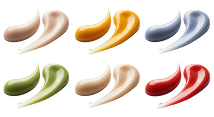 Swatches of cosmetic cream in six colors isolated on a transparent background makeup texture