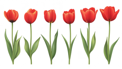 A arrangement of red tulips standing tall with lush green leaves. their beauty against a plain background. perfect for spring-themed designs and floral decorations