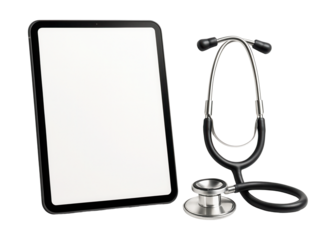 Digital tablet with blank screen and a stethoscope placed beside it.