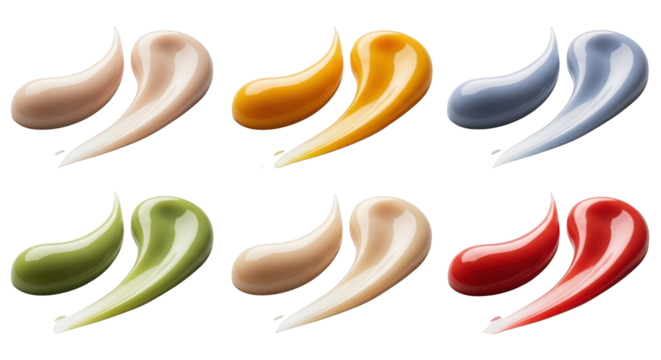 Swatches of cosmetic cream in six colors isolated on a transparent background makeup texture