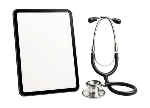 Digital tablet with blank screen and a stethoscope placed beside it.