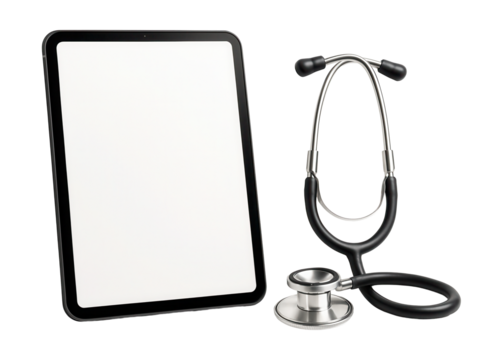 Digital tablet with blank screen and a stethoscope placed beside it.