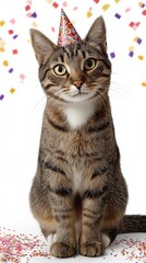 Obraz premium Tabby cat wearing party hat amid colorful confetti celebration