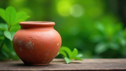 Rustic clay pot, aged terracotta texture, earthy tones, sits against a blurred green garden background Perfect for gardening, cooking, or home decor themes , soil, terracotta pot, blurred background