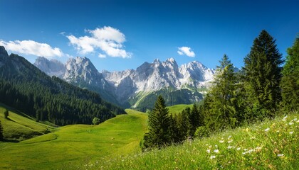 Obraz premium Wilder Kaiser Mountains Summer Landscape With Vibrant Greenery And Blue Skies Ideal For Outdoor Adventure Seekers And Nature Photography Lovers