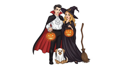 Halloween Couple and Pet: A cartoonish couple adorned in classic Halloween attire and a cute pet together hold a pumpkin lamp while capturing the playful side of Halloween.