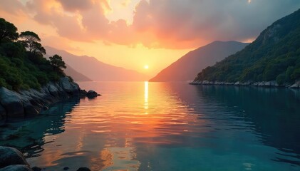 Serene bay at sunrise, tranquil waters reflecting the golden light, breathtaking vista of nature's beauty Perfect for travel, nature, and serenity themes , sky, holiday