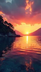 Serene bay at sunset, calm waters reflecting the vibrant sky Golden hour light bathes the picturesque landscape, creating a breathtaking scene of natural beauty , evening, harmony