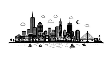 Obraz premium Stylized city skyline illustration featuring buildings, watercraft, and atmospheric elements