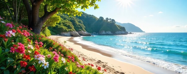 Serene coastal garden thrives, lush greenery meets sandy shore Sunlight bathes vibrant blooms and gentle waves Tranquil escape, perfect summer scene , garden by the sea, shore