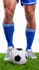 Fototapeta premium Male soccer player standing on grass with soccer ball and blue uniform