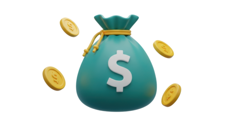 Teal money bag with dollar sign and flying coins isolated on a transparent background currency