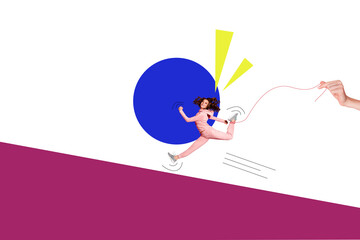 Composite photo collage of happy girl run hand hold string marionette trap problem manipulation control isolated on painted background