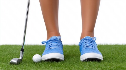 Female golfer ready to putt on green field with blue shoes and golf club