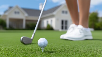 Caucasian female golfer preparing to tee off on lush green course