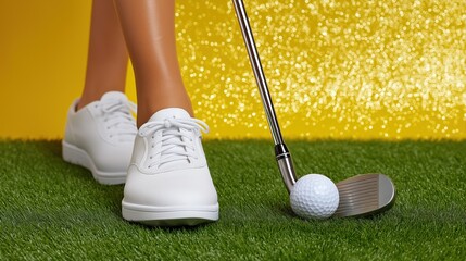 Female golf player with putter and ball against sparkling yellow background