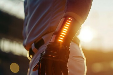 Baseball player's arm featuring an innovative smart sleeve with glowing lights, symbolizing cutting edge sports tech and data tracking