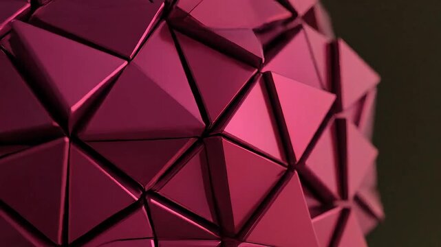 Abstract geometric sphere with metallic pink facets and sharp edges, creating a futuristic texture.