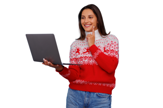 Woman in christmas sweater thinking, using laptop for online holiday shopping or festive video call, transparent background - Powered by Adobe