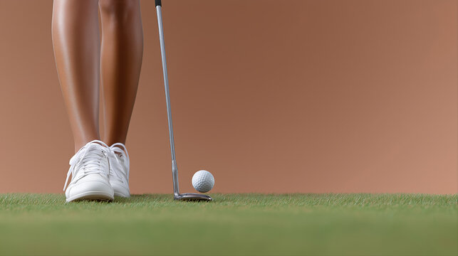 Female golfer preparing putt on green with putter and ball