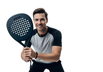 A man holding a padel racket, smiling and ready to play transparent background