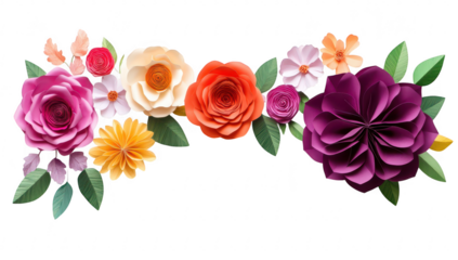 A arrangement of handcrafted paper flowers in various colors. intricate designs and textures. ideal for decorative purposes in events or home decor
