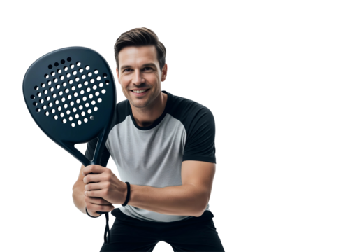 A man holding a padel racket, smiling and ready to play transparent background