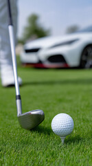 Close-up of golf club and ball on green with car in background