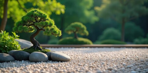 Serene Minimalist Zen Garden Raked Gravel, Smooth Stones, Bonsai Tree, Peaceful Meditation Scene