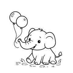 Obraz premium Cute baby elephant holding balloons in a simple line drawing style