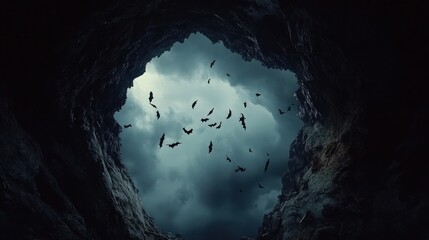 Bats flying out of a dark cave at twilight with stormy sky