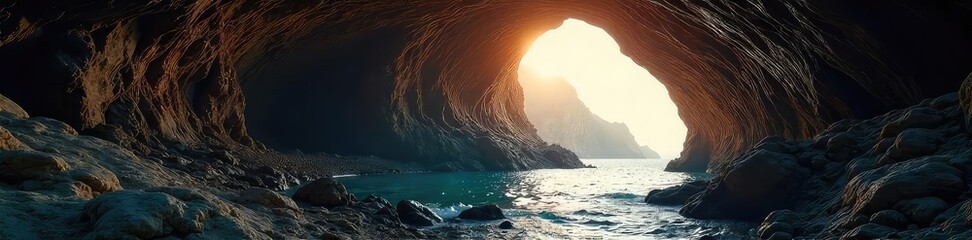 Serene underground cave opening, bathed in soft light, inviting contemplation and inner peace Perfect for themes of mindfulness, spirituality, and escape , entrance, meditation